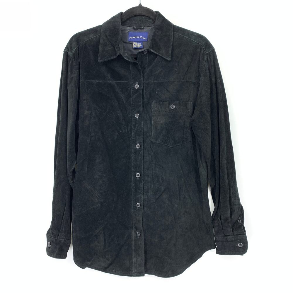Charter Club Button Front Shirt Womens Sz Small Suede Leather Long Sleeve Black